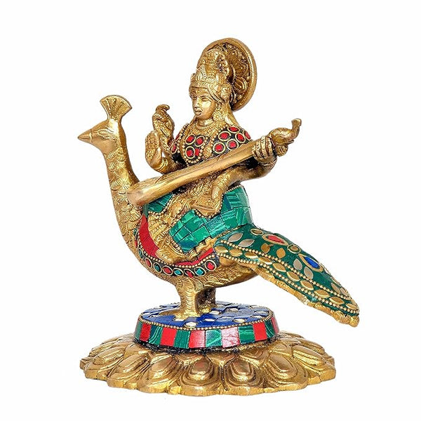 Brass Saraswati Statue Idol On Swan Playing Sitar for Home Decor | Height : 7 Inches (Multi Green) Study Setting