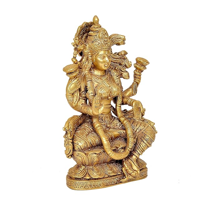 Lord Lakshmi Idol Figurine Maa Lakshmi Showpiece Home Office Temple Golden in Brass (Height: 9.5 Inches)