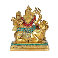 Brass Shiv Parivar statue side angle, trident raised, red beads, turquoise borders, green base