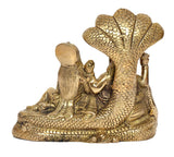 Brass Maa Lakshmi and Lord Vishnu idol statue, rear view with Sheshnag hood pattern