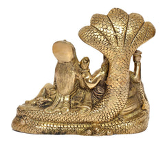 Brass Maa Lakshmi and Lord Vishnu idol statue, rear view with Sheshnag hood pattern