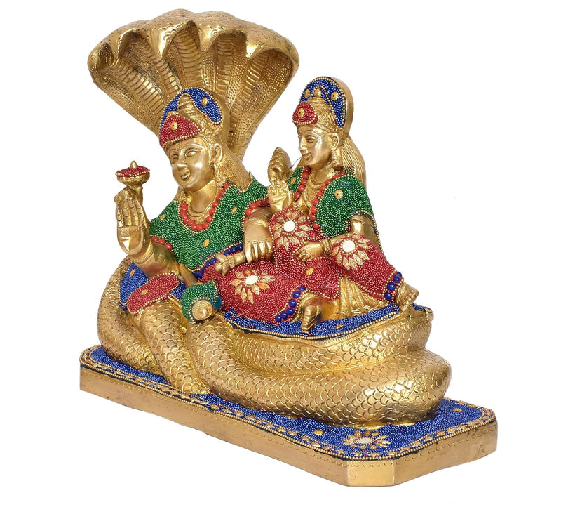 Brass Maa Lakshmi with Lord Vishnu On Sheshnag Idol Statue for Home Decor Mandir Pooja (Height 11 Inch)