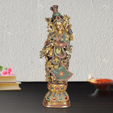 Brass Radha idol statue, ornate gold face with green-red jewels