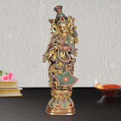 Brass Radha idol statue, ornate gold face with green-red jewels