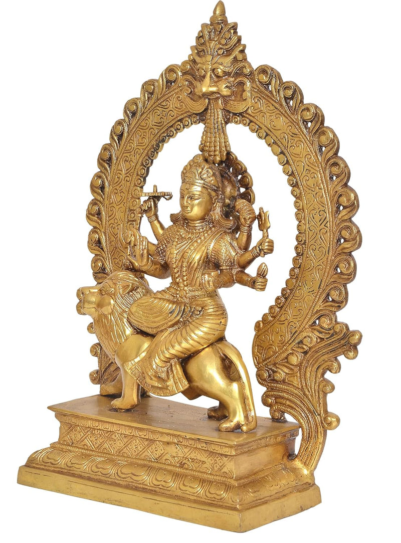 Brass Durga Maa with Lion Idol Hindu Goddess Sherawali MATA Murti MATA Rani Statue Figurine Home Temple (Height: 14.5 Inch)