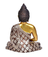 Brass Buddha meditation statue back view, patterned robe over gold body, seated lotus