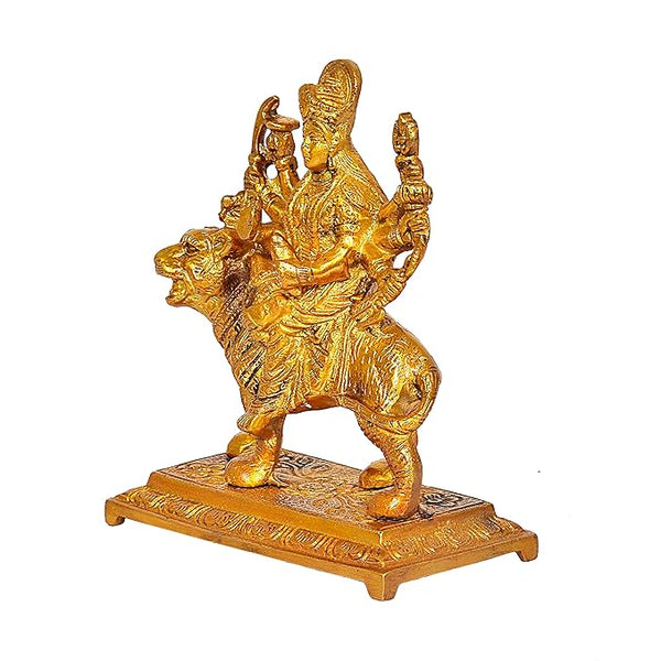Hindu Goddess Durga Brass Statue and Sculpture Sitting on Lion for Puja (Height: 5.5 inch) Entryway Setting