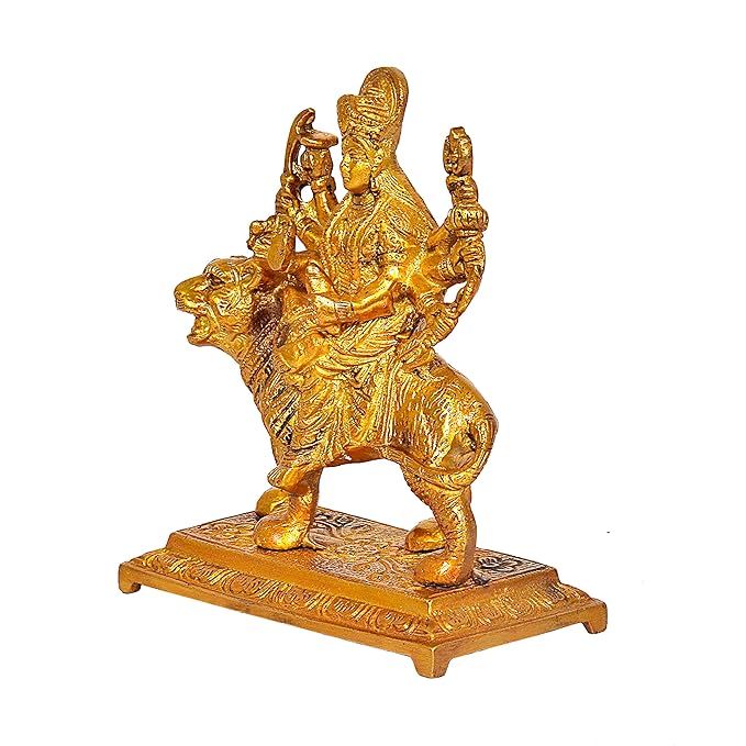 Hindu Goddess Durga Brass Statue and Sculpture Sitting on Lion for Puja (Height: 5.5 inch) Craft Detail