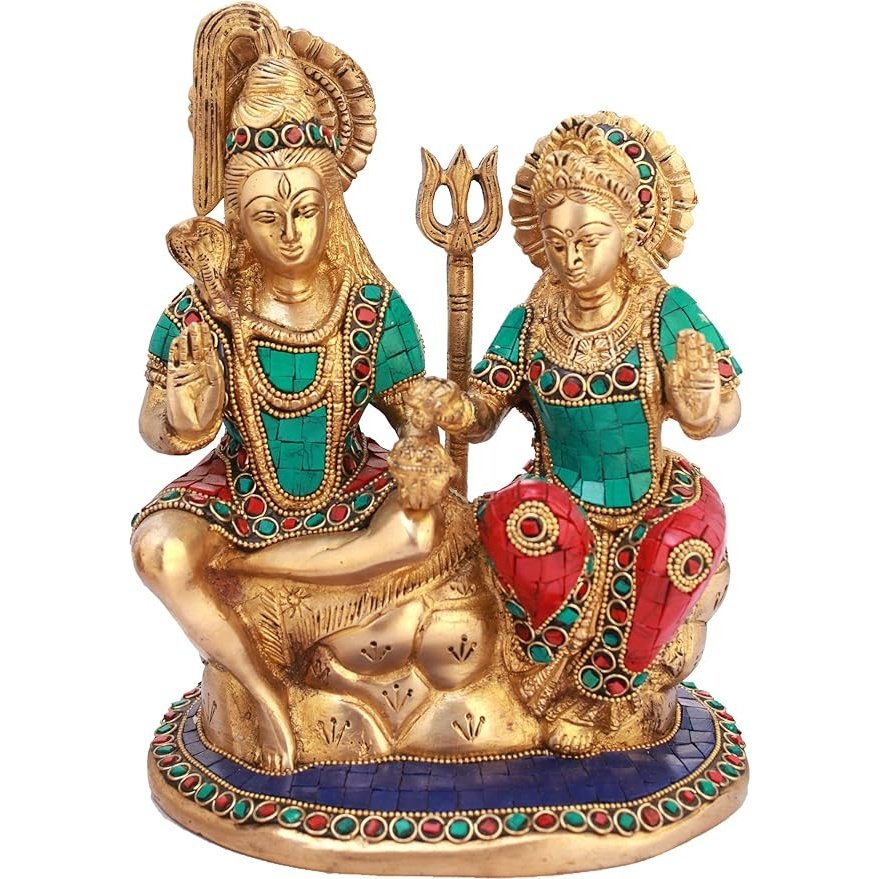 Brass Shiva-Parvati seated statue with trident on circular base, turquoise and red details