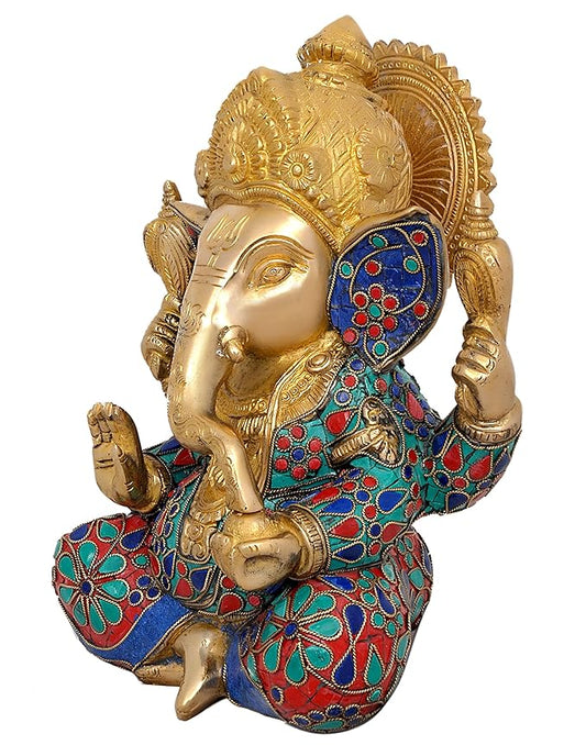 Brass Metal Lord Ganesha Ganpati Religious Metal Statue use Multicolour Stones Idol Ganesh Murti Home Decor for Puja Size - Height 9 Inches