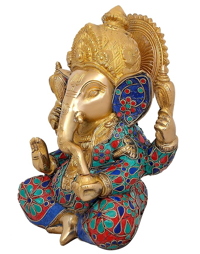 Brass Ganesha Idol Figurine Sculptures Brass Figurine Idol Ganesha Stones Work Decorative Showpiece Home Office TempleGift Item Multicolour Height 9 Inches