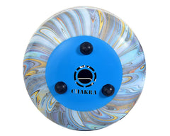 Bottom of blue steel tongue drum with CHAKRA logo and three black rubber feet