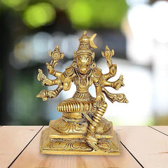 Golden Varahi idol figurine, eight-armed goddess on ornate square base