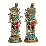 15-inch brass Radha Krishna idol set; rear view with ornate halo discs