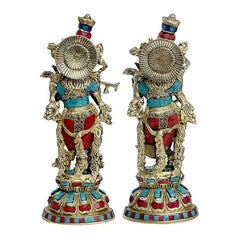 15-inch brass Radha Krishna idol set; rear view with ornate halo discs