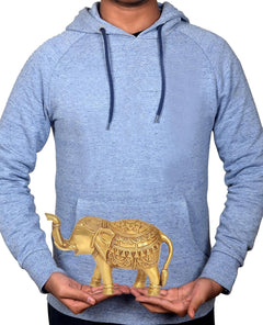 Gold brass elephant figurine held in hands, showing full body with ornate details.