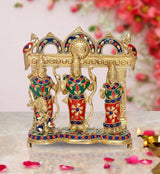 Brass Ram Darbar idol statue with three seated deities, colorful enamel work and arch frame