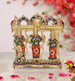 Brass Ram Darbar idol statue with three seated deities, colorful enamel work and arch frame