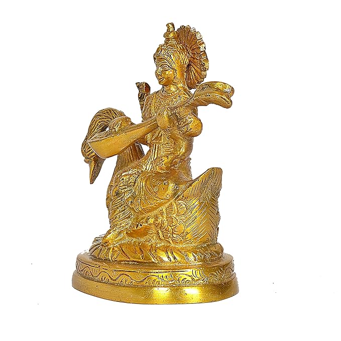 Brass Goddess Saraswati Ji Idol Figurine Decorative Showpiece Home Office Temple Gift Item Golden Height 5 Inches