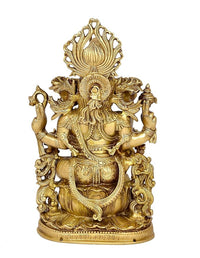 Front view gold Ganesha idol statue with detailed robe patterns and halo crown
