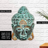 Wooden Buddha mask wall hanging, multicolor teal and gold with textured carved pattern