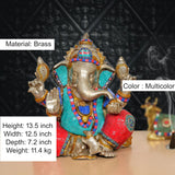 Brass Ganpati Bappa murti, multicolor attire; jeweled crown and raised hands