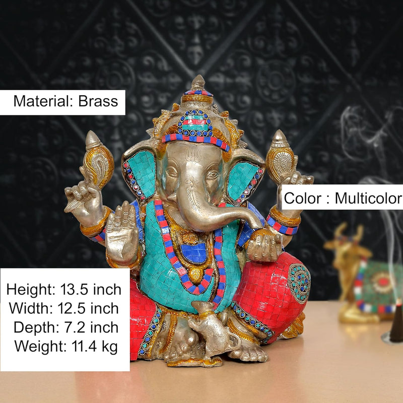 Brass Handcrafted Ganpati Bappa Murti (Height: 13.5 inch)