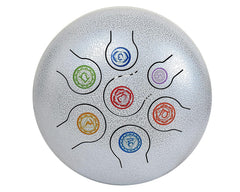 Silver steel happy drum top with six colored spiral symbols and black lines