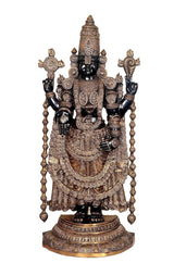 Brass Tirupati Balaji statue, front view, intricate torso engravings and layered draped attire