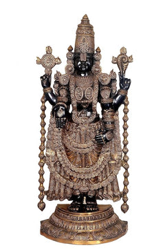 Brass Tirupati Balaji statue, front view, intricate torso engravings and layered draped attire