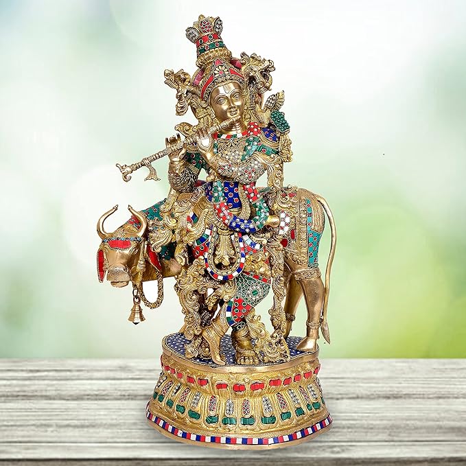 Brass Cow Krishna Statue (Height: 30 inches)