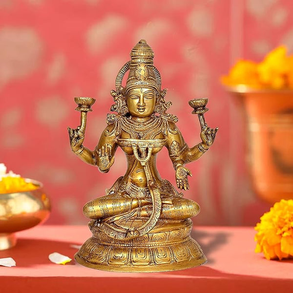 Brass Lakshmi Statue Idol On Base for Home Decor Temple | Height : 10.5 Inches (Lakshmi, 1)