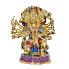 Brass PanchMukhi Hanuman statue idol, seated pose with crown detail and four arms