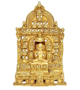 Brass Mahavir Swami figurine on detailed arched throne, front view