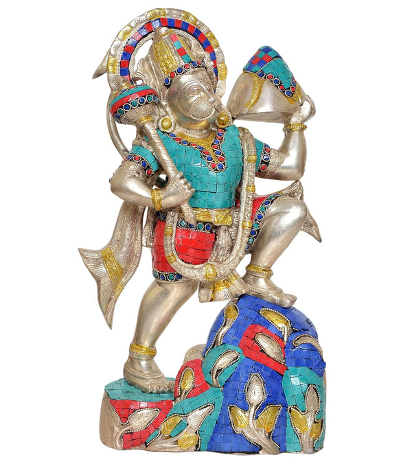 Brass Hanuman JI with Mountain Statue Idol Sculpture Statue for Home Decor Mandir Pooja Temple (Height: 17 Inch)