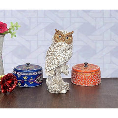 Polyresin owl figurine, cream with brown head, standing on textured base