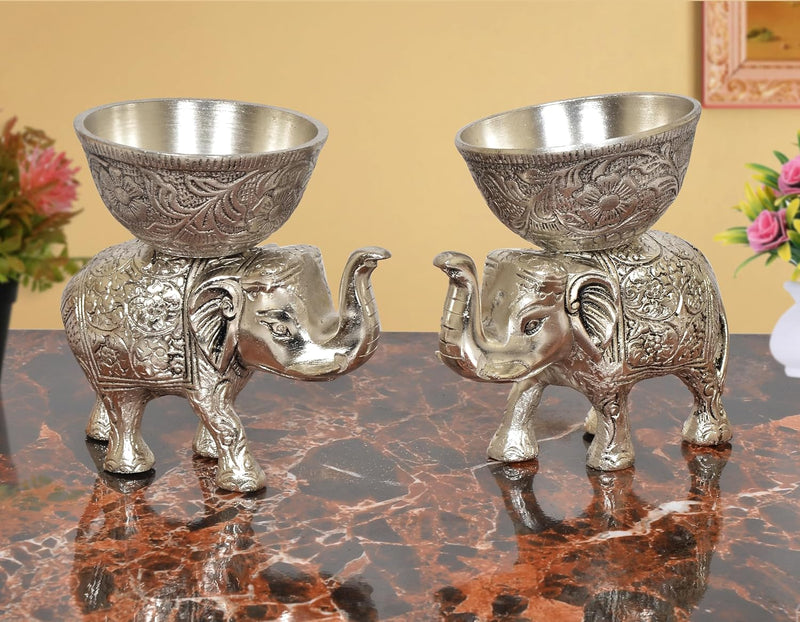 Metal Elephant Dry Fruit Bowl Showpiece Silver Polish Pack of 2 (Height: 5 Inch)