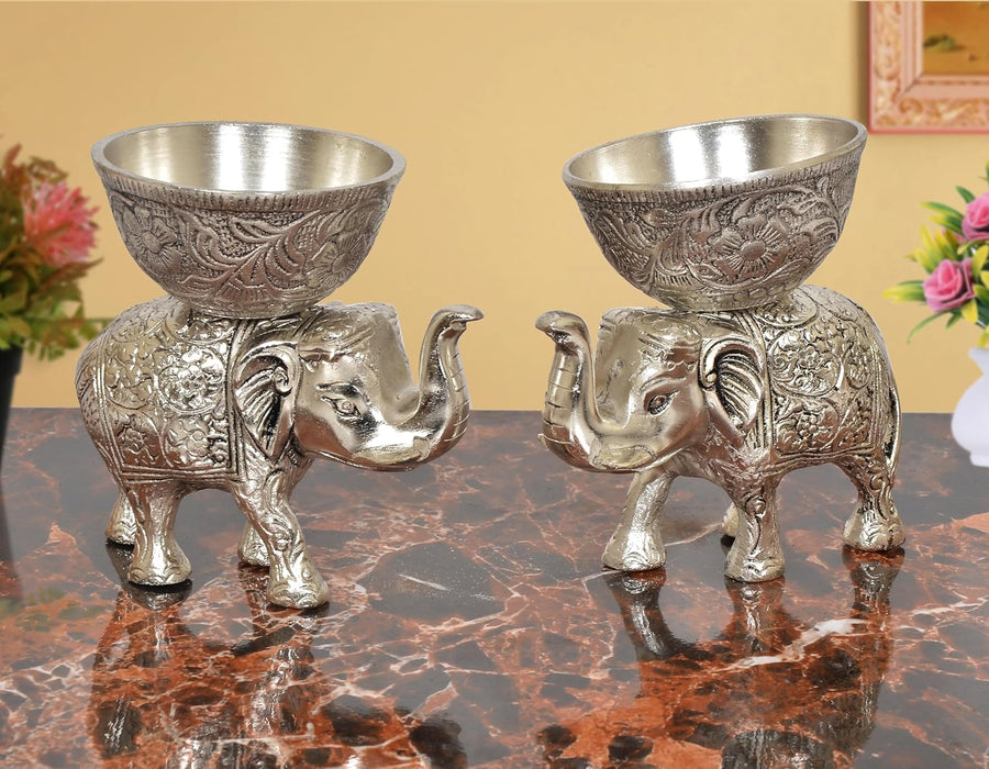 Metal Elephant Dry Fruit Bowl Showpiece Silver Polish Pack of 2 (Height: 5 Inch) Craft Detail