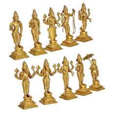 Brass Vishnu Dashavatar idols, set of 10—grouped figures with crowns and weapons