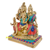 Multicolor brass Shiva-Parvati family idol statue, seated figures with Ganesh and Shiva