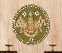Brass Tirupati Balaji wall plate with green dotted background and gold deity design