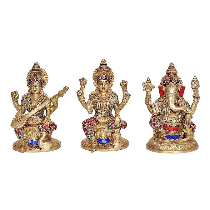 Brass Saraswati Lakshmi and Ganesha Idol Murti Statue for Diwali Puja, Height: 6.5 Inches