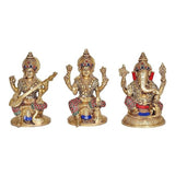 Brass Saraswati, Lakshmi & Ganesha idol statues with red, blue and white inlay