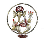 Iron Ganesha idol showpiece in circular frame, red and gold detailing, 16-inch height