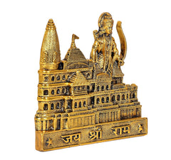 Angled view of gold-tone Ram Mandir model with Rama and temple minarets, “जय श्री राम”.