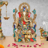 Brass Mangalkari Ganesh statue, seated with red, blue, teal jeweled details; 13 in