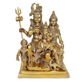 Brass Shankar-Parvati family statue with Ganesha, Kartikeya and Nandi, seated
