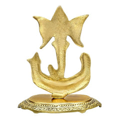 Gold metal Ganesha idol statue front view, carved pedestal base with border