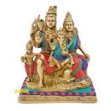 Multicolor brass Shiva-Parvati family idol statue with four figures, raised base