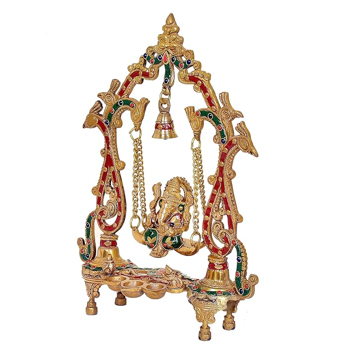 Brass Ganesha Swing Statue with Diya Statue Swing Ganesh Idol, Jhula Ganesh Murti (Height: 14 Inches)